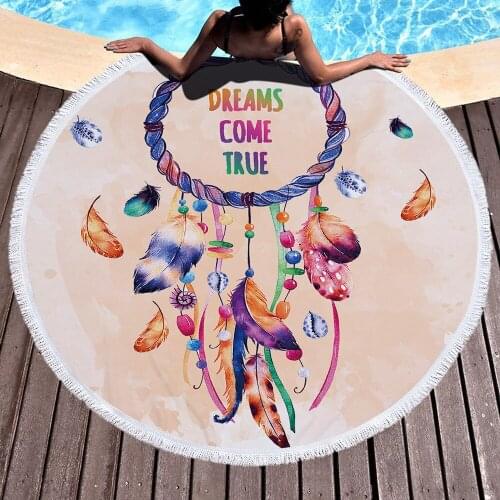 Bohemia Dream Catcher Round Beach Towel Tassels Colorful Feather Printed large bath Towel Adult Swimming Towels cushion Yoga Mat