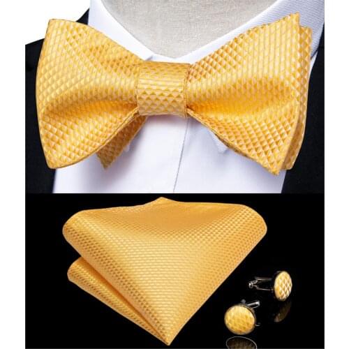 Fashion Mens BowtieYellow Solid Ajustable Butterfly Gift Bowtie For Men Silk Wedding Groom Party DiBanGu Designer LH-080
