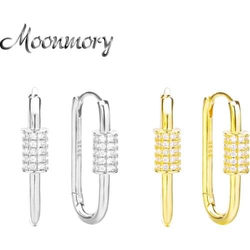 Moonmory 100% 925 Sterling Silver Silver Paper Clip Earrings Rectangle Geometric White Green Zircon 2021 European Pop Jewelry