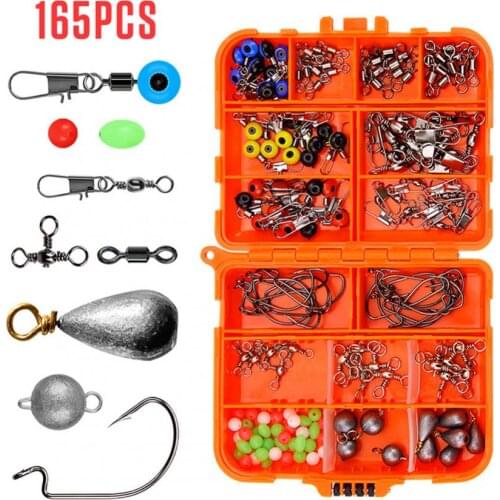 165pcs/set Fishing Kit Including Crank Hook Fishing Beads Sinker Weights Snaps Rolling Swivel Connector Bass Perch Sea Rock