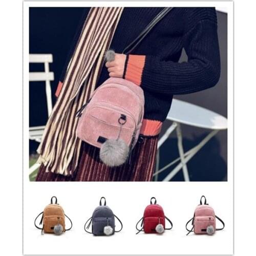 New Hot Sale Women Corduroy Solid Backpack Shoulder Bag Exquisite Design Plush Ball Travel Handbag Girls School Bag Rucksack