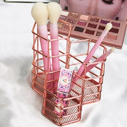 Hexagonal Shaped Iron Hollow Makeup Brush Rack Rose Gold 3 Grids Cosmetic Tools Brush Backet Holder Makeup Tools Organizer