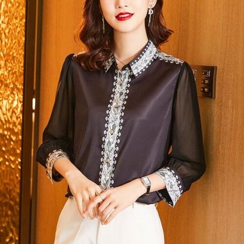 Silk Printed Women Shirt Mesh Long-sleeve 2021 Autumn Satin Chiffon Office Lady Button Up Shirt Black Ladies Tops Camisas Mujer