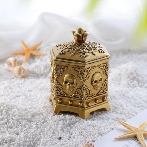 Halloween Sixs-sided Skull Jewelry Box Golden Jewelry Organizing Box for Desktop Organizer