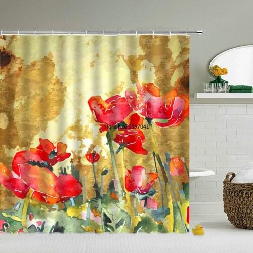 3D Printed Fabric Shower Curtains Green Blooming Flowers Bath Screens Waterproof Bathroom Decor with Hooks Retro Shower Curtain