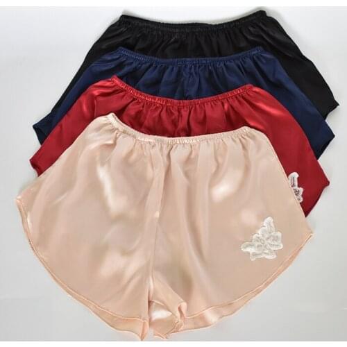Thin safety short pants loose faux silk satin rose lace women underpants home