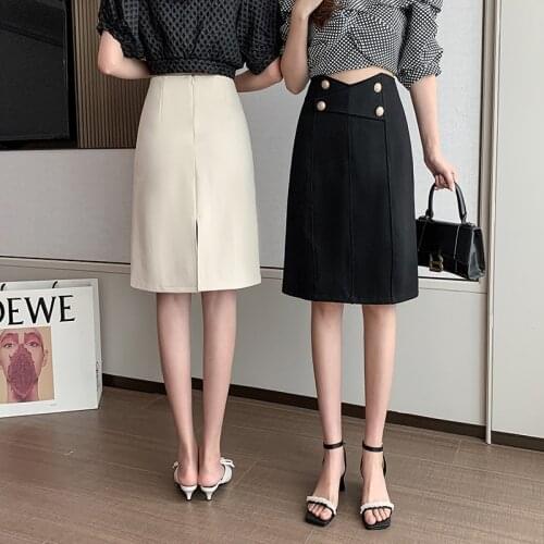 Womens Midi Skirts 2021 Spring & Summer Stretch Nylon Cotton High Waist Sexy Hip Skirt Korean Mid-length Split Skirt BSQ351