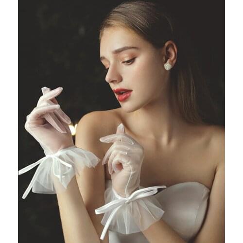 Woman Lace Mesh Gloves Ladies White Bridal Short Gloves Simple Satin Bowknot for Wedding Ceremony Gloves party Accessories