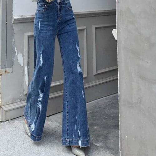 High Quality Women Hole Ripped Floor Long Jeans High Waist Wide Leg Pants Streetwear Harajuku Denim Flared Trousers Jeans Pants