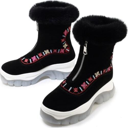 OLOMLB Womens Pointy Toe Suede Leather Real Rabbit Fur Ankle Boots Platform Embroidery Wedge Heel Shoes Warm Winter Austrilain