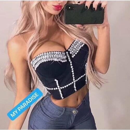 Cupplee Crystal Rivets Women Spaghatti Strap Crop Top Sexy Sleeveless Bustier Summer Gauze Tube Vest Cami Stretch Corset