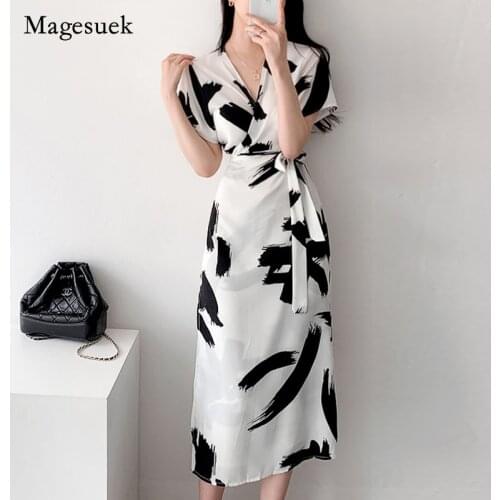 Chic Vintage Long Dress Women Summer 2021 Ink Painting Print Dress Woman Robes Lace-up V-neck Short Sleeve Party Dresses 14618