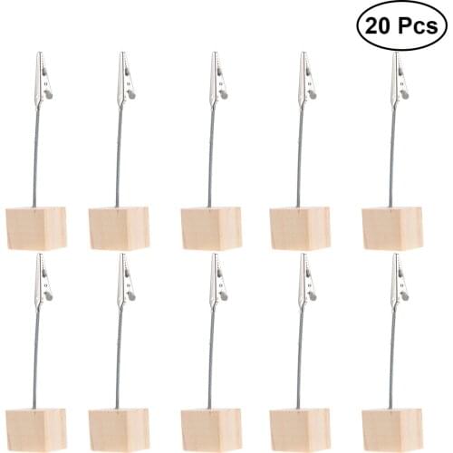20pcs Tabletop Photo Holders with Alligator Clasp for Pictures, Memos and Table Numbers - Pine Wood Cube Base (Wood Color)