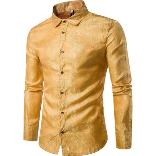 Men Fashion Shirts Long Sleeve Glossy Paisley Pattern Casual Shirt Stage Costumes Nightclub Party Prom Ball Singer Host Dancer