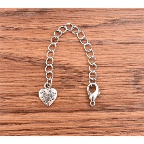 10pcs/lot Rhodium Plated 70mm Length Longer Extension Chain with Lobster Clasp&Heart Pendant For Bracelet Necklace Tail Chain