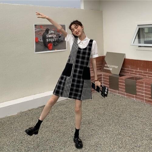 Black White Plaid Summer Dress Mori Girl Preppy Style Pocket Spaghetti Strap Dress Harajuku Cute Dresses Female vestido de mujer