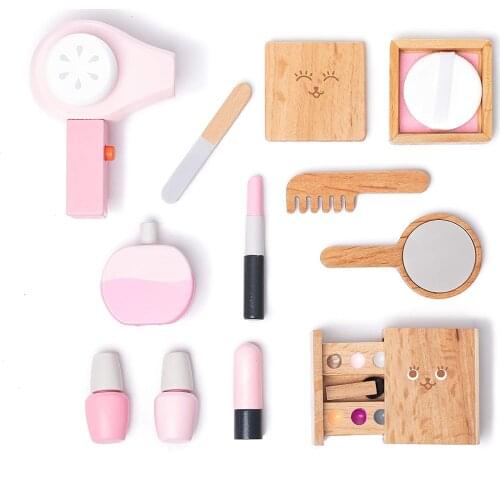 Wooden Beauty Salon Toys for Girls Makeup Playset 12 Piece Kit with Makeup, Brush, Mirror and Cosmetics Case for 3, 4 and 5