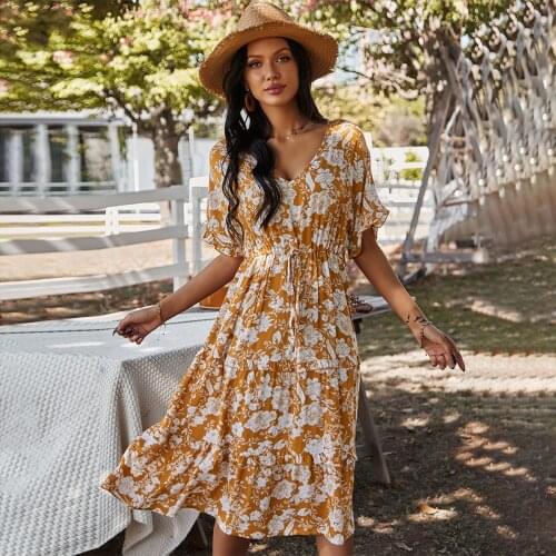 Jastie Women Casual Summer Dress Lady Boho Style Vintage Floral Printed Dress Short Sleeve V-Neck Midi Dress Beach Vestidos 2021