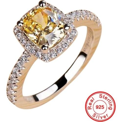 Square Cut Big Citrine Gemstones Zircon Diamonds Rings for Women 14K White Gold Color Silver S925 Wedding Ring Engagement