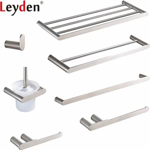 Leyden Bathroom Accessories Set Brushed 304 Stainless Steel Wall Mounted Towel Shelf Rack Holder Toilet Brush Holder Robe Hook