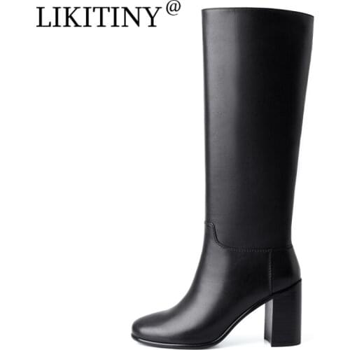 LIKITINY 2021 Spring Autumn Fashion Round toe Slip on Womens shoes Sexy Black Chunky heels full Genuine leather Knee high boots