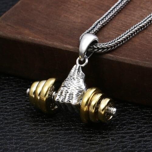 Stainless Steel Mens Necklace Fitness Master Holding Dumbbell Pendant Classic Fashion Punk Jewelry Gift