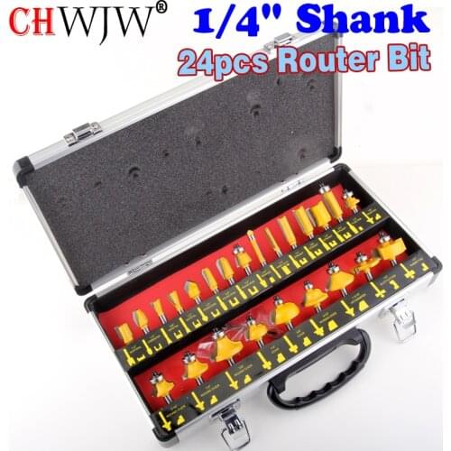 24PCS 1/4"(6.35mm) Shank Tungsten Carbide Router Bit Set Wood Woodworking Cutter Trimming Knife Forming Milling w/ Wood Case box