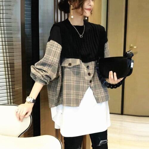 2021 new shirt foreign style stitched sweater medium long sweater fake two-piece set Korean sweater