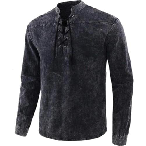 Plus Size Men Shirt Fashion Solid Color Lace Up Cotton Blend Vintage Stand Collar Long Sleeve Casual Shirt Top рубашка мужская