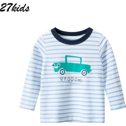27kids Baby Boys Clothes Autumn Stripe Full Sleeves Cotton Shirt Car Cartoons O-neck T Shirts teenagers Tops for 2-9 years