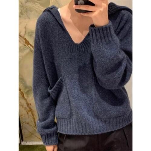 2020 Autumn Winter New Sailor Collar Sweater Womens Simple Casual Loose Knit Sweater Pocket Lapel Long Sleeve Pullover