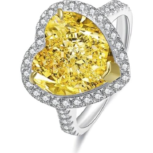 Zhanhao 5.0ct Fancy VIVID Yellow Simulated Heart shape Diamond Ring 925 Silver Jewelry For Women Men Sparkling Fashion Gif