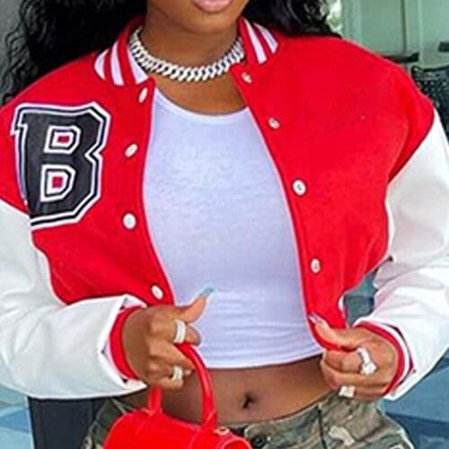 Female Letter Print Color Patchwork Cropped Baseball Jacket For Women Long Sleeve Loose Short Bomber Womans Jacket 2021 Autumn