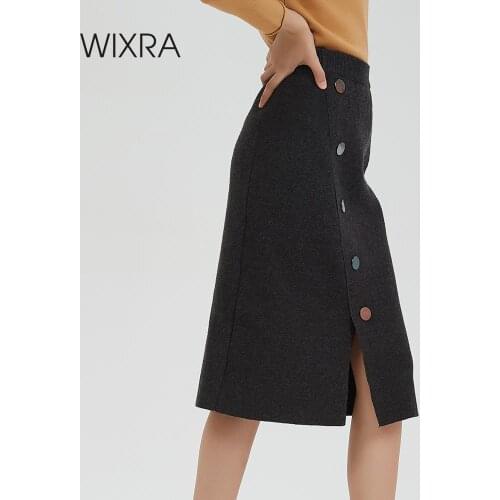 Wixra Women 2019 Basic Knitted Pencil Skirts Elastic High Waist Knee-Length Split Skirt Autumn Winter Ladies Bottom
