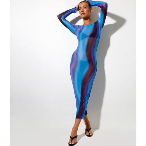 Dress Women Summer Europe 2021 blue purple printed corrugated package hip sexy long-sleeved Dresses Casual Vestidos XSK8189