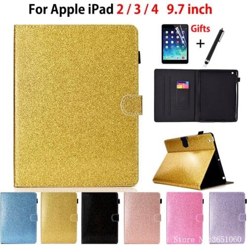 Glitter Case For Apple iPad 2 3 4 Cover Funda Tablet Silicone PU Leather For iPad2 iPad3 iPad4 Stand Skin Shell +Stylus+film