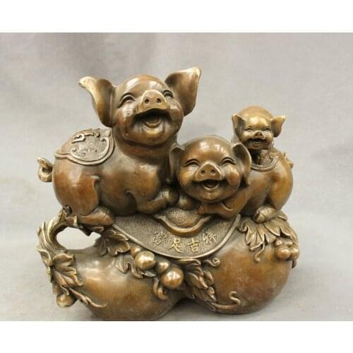 Fast shipping USPS to USA S1602 10"Chinese Bronze Copper AuspiciouS Zodiac Year 3 Happy Pig Family Goard Statue