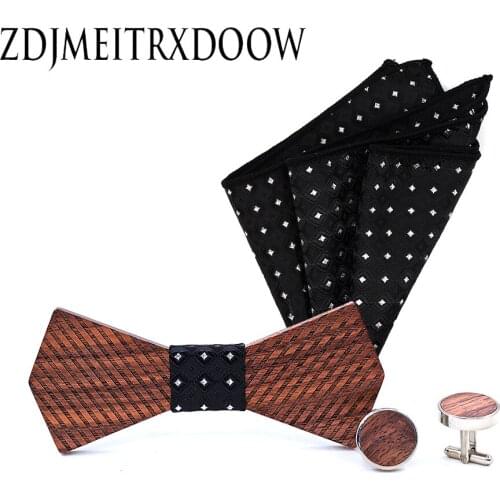 Handmade Wooden Bow ties wood Bowtie Butterfly Gravata Strip Ties For Men Cufflinks Handkerchief Set with Pocket square