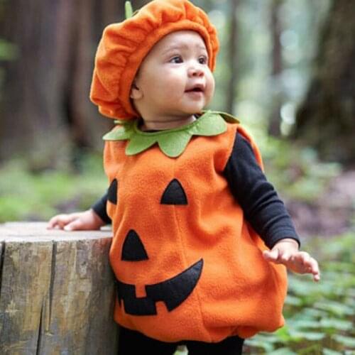 Children Halloween Pumpkin Costume Cosplay 0-3 Years Cute Cartoon Pumpkin Baby Toddler Rompers Hat Shoes Kids Suit C20C79