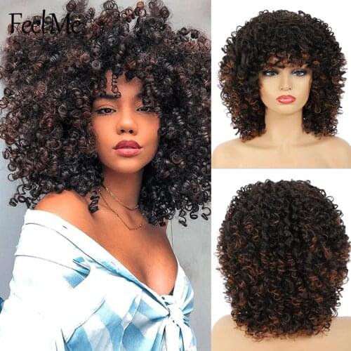 Short Hair Afro Kinky Curly Wigs With Bangs For Black Women FEEL ME HAIR Glueless Cosplay Wigs High Temperature 12"
