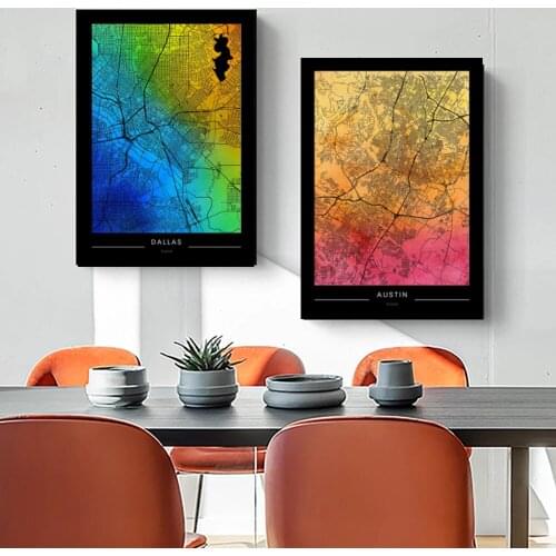 Colorful Line Map Canvas Painting Wall Artwork Austin City Poster Prints Hd Home Decor For Living Room Modular Picture No Frame