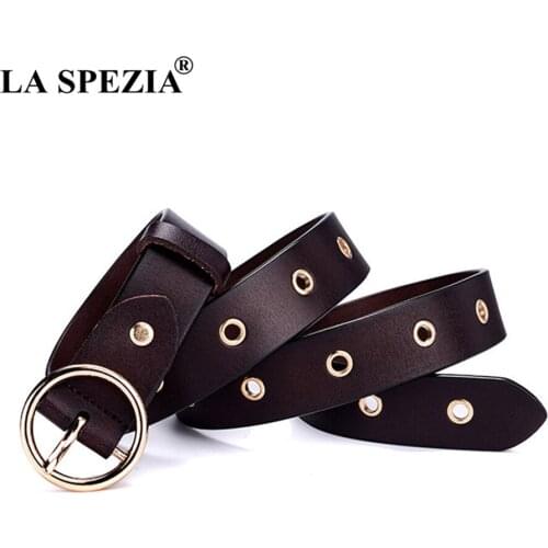 LA SPEZIA Women Belt For Trousers Circle Pin Buckle Leather Belts Female Coffee Vintage Real Leather Cowhide Brand Ladies Belts