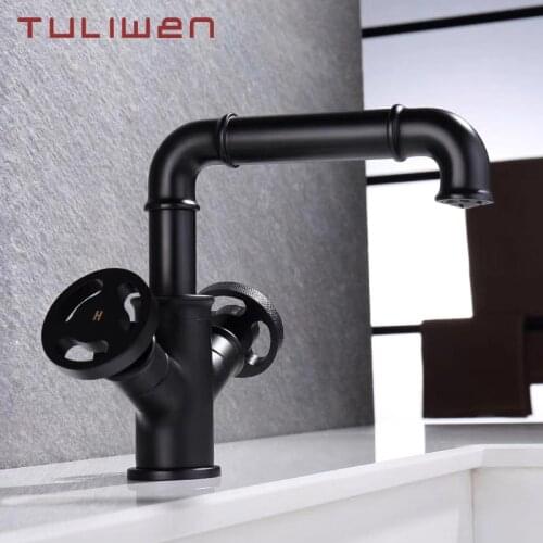 Brass Bathroom Faucet Lavatory Sink Basin faucet Mixer Tap Cold Hot Water Tap Black Industrial Style Double Handle