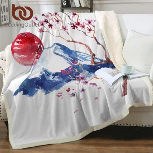 BeddingOutlet Sakura Flower Furry Blanket Japanese Cherry Blossom Bed Blanket Watercolor Bedspreads Fuji Mountain Mantas De Cama