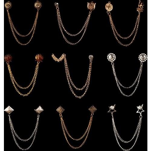 Man Suit Shirt Collar Tassel Chain Lapel Pin Brooch Dragon Badge Retro Pins Wedding Dress Party Dance Neckware Accessories