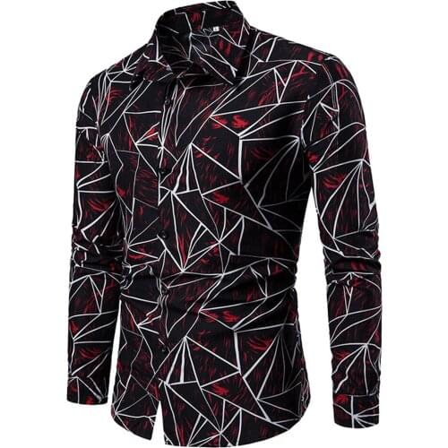 Men Long Sleeve Shirt with Geometric Pattern, Color Block Skinny Fit Casual Style Spring Autumn Clothing
