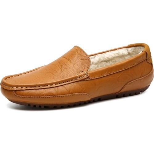 Brand Autumn Winter Warm Fur Leather Flats Loafers Winter Mens Moccasins Casual shoes Fashion Slip On Driving Shoes Size 37-47