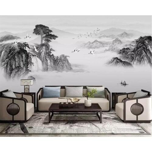 Beibehang Chinese mural wallpaper ink landscape waterfall welcoming pine TV background wall bedroom bedside mural 3d wallpaper