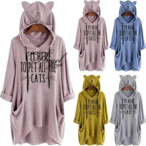 NEW Fashion Women Autumn Winter Long-sleeved Printed Irregular Kitty Hooded Costume