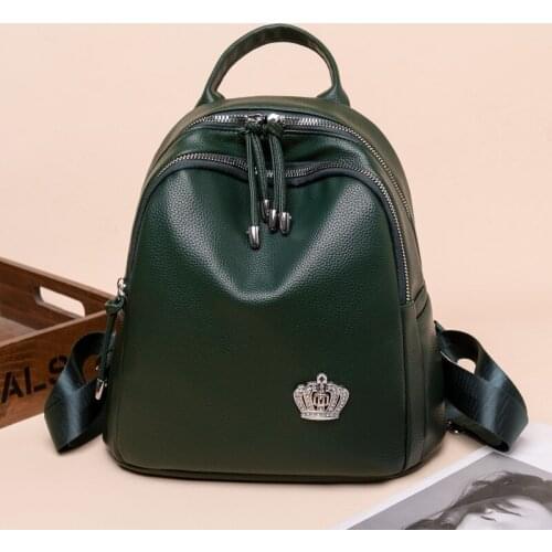 Pure Color High Quality PU Leather Women Backpack Crown Decoration Girls Backbag for School Waterproof Designer Handbags 2021